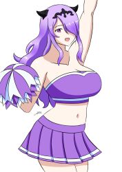 1girls alternate_costume breasts camilla_(fire_emblem) cheerleader cheerleader_uniform female female_only fire_emblem fire_emblem_fates hair_ornament hair_over_one_eye large_breasts long_hair looking_at_viewer midriff navel nintendo pom_pom_(cheerleading) pom_poms purple_eyes purple_hair purple_skirt sealllll skirt strapless_topwear