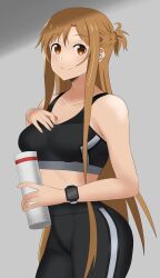 alluring amber_eyes auburn_hair big_breasts gym_pants hx1aewa9 sports_bra sword_art_online watch water_bottle yuuki_asuna