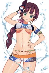 1girls 2022 braided_hair breasts chloe_(pokemon) chotsune_(rvuw5243) cosplay crotch_lines exposed_torso eye_contact female female_focus female_only flower_in_hair game_freak green_eyes groin gym_leader_(cosplay) hand_on_hip holding_pokeball hoop_earrings long_hair looking_at_viewer minishorts nessa_(pokemon)_(cosplay) nintendo pokeball pokemon pokemon_(anime) pokemon_journeys pokemon_ss revealing_clothes shorts solo standing thighs underboob