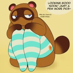 1:1 animal_crossing anthro ass big_butt blue_eyes bodily_fluids brown_body brown_fur canid canine clothing dialogue english_text fur hi_res legwear male male_only mammal mostly_nude nintendo patch_(fabric) pattern_clothing pattern_legwear pattern_stockings pose raccoon_dog simple_background solo stockings striped_clothing striped_legwear striped_stockings stripes sweat symbol tanuki text thick_tail thick_thighs tom_nook uncomfortable video_games wide_hips zlut385