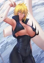 1girls armpits arms_up big_breasts black_bodysuit bleach blonde_female blonde_hair blush breasts closed_mouth dark-skinned_female dark_skin facial_tattoo female female_focus female_only from_below green_eyes holding holding_object holding_weapon large_breasts looking_at_viewer looking_down no_bra only_female sakuya_(liao_kj) shiny shiny_hair short_hair simple_background sky solo solo_female solo_focus sword tattoo tattoos tia_harribel tight_clothing underboob weapon