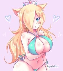 1girls arm_under_breasts bikini blonde_hair blue_bikini blue_eyes blue_swimsuit breasts cat_ears catgirl cleavage crown earrings female female_only hair_over_one_eye kemonomimi_mode large_breasts long_hair looking_at_viewer mario_(series) midriff navel nintendo princess_rosalina shiny_hair shiny_skin side-tie_bikini side-tie_swimsuit solo star_earrings sugarbell swimsuit