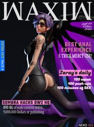 1girls 3d angela_ziegler ass big_ass big_breasts big_breasts blender blizzard_entertainment breasts collar corset dark_hair feet female female_only from_behind front_page glasses hi_res hole kneel legs light_skin lipstick look_behind magazine magazine_front_page makeup mercy nails nero100 nipples no_bra overwatch overwatch_2 pose purple purple_hair solo solo_female stocking suntan tattoo tattoos thighs waxiw wings