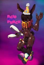 absurd_res acidgutpunch animal_genitalia balls brown_hair clothing clown dark_body dark_skin ear_piercing frill_(anatomy) genitals hair hat headgear headwear hi_res humanoid male neck_frill party_hat piercing rabbit_ears scut_tail sheath short_tail solo stomach_bulge