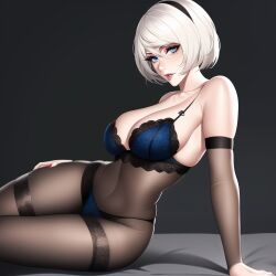 1girls ai_generated android armwear bare_shoulders big_breasts blue_bra blue_eyes bodystocking cleavage hair_ribbon hairband hartman_hips lace-trimmed_bra leaning_back leaning_on_hand light-skinned_female lingerie looking_at_viewer nier:_automata seductive seductive_look see-through see-through_clothing short_hair sitting solo_female stable_diffusion tagme thick_thighs white_hair yorha_2b