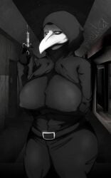 1girls 5_fingers belt big_breasts black_clothing breasts cloak clothed clothes clothing covered_nipples erect_nipples female female_only fully_clothed gloves hips hourglass_figure huge_breasts humanoid large_breasts looking_at_viewer mask masked monochrome nipple_bulge plague_doctor rule_63 scp-049 scp_foundation solo solo_female solo_focus syringe text thick thick_thighs thighs thunder_thighs tombozuka voluptuous watermark wide_hips