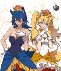 2girls big_breasts blonde_hair blue_eyes blue_hair blush cat_ears crown cute dishwasher1910 dr._eggman earrings hoop_earrings mario_(series) new_super_mario_bros._u_deluxe rule_63 sonic_(series) sonic_the_hedgehog sonic_the_hedgehog_(series) super_crown tails white_dress