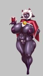 absurd_res anthro areola bell big_breasts black_areola black_eyes black_nipples bovid breasts caprine cloak clothing cult_of_the_lamb ddevil duo female fur genitals grey_body hand_on_hip hi_res horn huge_breasts lamb_(cult_of_the_lamb) mammal navel nipples nude pubes pupils pussy red_crown_(cult_of_the_lamb) sheep thick_thighs white_body white_fur white_pupils white_wool wool_(fur)