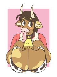 alternate_version_available anthro big_breasts blush bovid bovine breasts_out brown_eyes brown_hair cleavage cow_bell_collar cow_horns cow_print cow_print_bikini horns huge_breasts large_breasts long_tongue molly_(slightlysimian) shirt_lift simple_background slightlysimian