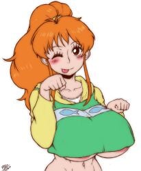 abdomen areola areola_slip blush brown_eyes cosplay female female_only hoodie large_breasts nami navel one_piece only_female orange_hair outfit_reference ponytail pose post-timeskip randomboobguy stretched_clothing tongue tongue_out underboob wink yu_yu_hakusho