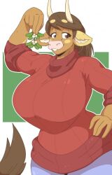 anthro big_breasts bovid bovine breasts brown_eyes brown_hair clothed clothing cow_horns female fur furry furry_only gigantic_breasts hand_on_hip horns huge_breasts large_breasts mistletoe molly_(slightlysimian) pink_nose slightlysimian smile solo sweater