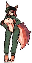 anthro armor breasts canid canine chloe_beaufort_(oc) clothing coveralls female fluffy fluffy_tail fox fur genitals headgear helmet jeronmuh looking_at_viewer mammal military_headwear military_uniform multicolored_body multicolored_fur nipples pink_nipples presenting presenting_breasts presenting_pussy pussy smug solo undressing uniform