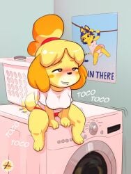 2022 alternate_breast_size animal_crossing breasts drooling female furboz furry implied_masturbation isabelle_(animal_crossing) nintendo panties red_panties solo t-shirt tail_wagging washing_machine