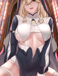 1girls agnes_(counter:side) blonde_hair breast_curtains breasts church counter:side female green_eyes groin heterochromia highres indoors large_breasts light-skinned_female light_skin looking_at_viewer mmm_(ji1945) nun open_mouth solo stained_glass thighhighs underboob unzipped white_thighhighs yellow_eyes zipper_pull_tab