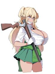 1girls bangs blonde_hair break_action breasts button_gap cleavage closed_mouth clothes_around_waist combination_gun cowboy_shot cropped_legs dark-skinned_female dark_elf dark_elven_forest_ranger dark_skin dickbomber double-barreled_shotgun elf female firearm gloves green_skirt gun hair_between_eyes handwear high-waist_skirt highres holding holding_gun holding_weapon huge_breasts human last_origin long_hair mask mask_pull mouth_mask pointy_ears purple_eyes ranger rifle shirt shotgun simple_background skirt solo two_side_up weapon white_background white_gloves white_mask white_shirt