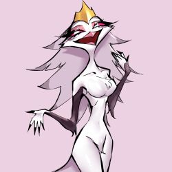 1:1 anthro avian beak breasts crown demon feathers female helluva_boss hi_res mature_female nude open_mouth open_smile ryee slim smile solo stella_(helluva_boss) text tongue white_body white_feathers