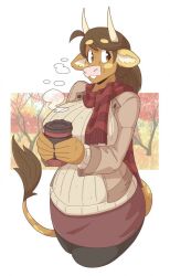 anthro big_breasts bovid bovine breasts brown_eyes brown_hair clothed clothing cow_horns female fur furry furry_only horns molly_(slightlysimian) pink_nose scarf slightlysimian solo striped_scarf sweater tail