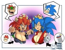 2girls big_breasts black_lipstick blinking blue_hair bowser bowsette breasts crossover cuisine cute earrings female furry mario_(series) mushroom new_super_mario_bros._u_deluxe nintendo rule_63 scalie smile sonic_(series) sonic_the_hedgehog sonic_the_hedgehog_(series) super_crown super_mario_bros.