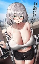 1girls booty_shorts breasts cleavage dolphin_shorts female glasses green_eyes hi_res hololive huge_breasts kuse_(0201) large_breasts light-skinned_female light_skin looking_at_viewer massive_breasts shirogane_noel short_hair short_shorts shorts tank_top virtual_youtuber white_hair