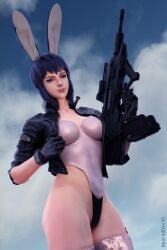 1girls 3d blue_hair bunny_ears bunny_girl bunnysuit female female_focus female_only firearm ghost_in_the_shell gloves gun kusanagi_motoko light-skinned_female light_skin looking_at_viewer pale-skinned_female pale_skin parad0xx3d simple_background solo solo_female solo_focus