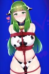 1girls ai_generated bell_collar blush bondage collar cow_print crotch_rope female female_only femsub fire_emblem fire_emblem:_mystery_of_the_emblem fire_emblem:_shadow_dragon_and_the_blade_of_light green_eyes green_hair happy_sub heart nai_diffusion nintendo palla_(fire_emblem) red_rope restrained smile solo stable_diffusion tiques