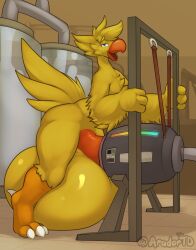 anthro aradortd avian balls beak big_balls big_penis blue_eyes bodily_fluids chocobo cum cum_collecting excessive_cum excessive_genital_fluids feathers final_fantasy genital_fluids genitals half-closed_eyes hi_res huge_balls huge_cock hyper hyper_balls hyper_genitalia hyper_penis machine male male_only milking_machine narrowed_eyes nude open_beak open_mouth penile penis penis_milking penis_milking_machine solo square_enix video_games yellow_body yellow_feathers