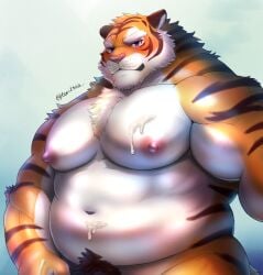 2022 anthro belly big_belly blush bodily_fluids cum cum_on_belly cum_on_body cum_on_chest felid genital_fluids hi_res kemono male mammal moobs navel nipples overweight overweight_male pantherine solo tiger tori2tea white_body