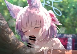 animal_ears bar_censor blue_archive blurry blurry_background blush censored closed_eyes collarbone commentary_request eavesdropping fellatio female fox_ears highres madotsukumo medium_hair nico_(blue_archive) niko_(blue_archive) oral penis pink_hair solo_focus sweat