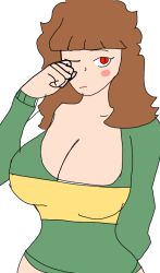 1girls 2d big_breasts breasts brown_hair chara female female_only huge_breasts red_eyes rubbing_eyes solo tired undertale undertale_(series)