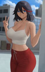 1girls black_hair blue_eyes breasts casual_clothes cleavage female grin hips huge_breasts kill_la_kill light-skinned_female light_skin looking_at_viewer matoi_ryuuko peace_sign red_pants short_hair slim_waist smile tank_top thick_thighs thighs wide_hips zaphn