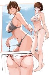 ass atlus bikini bikini_bottom bikini_top blush half-closed_eyes heart-shaped_pupils looking_at_viewer makoto_niijima megami_tensei nero_watch persona persona_5 seductive sideboob smile smug stripping tagme