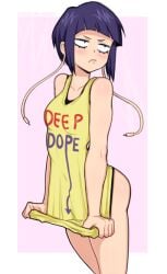 1girls afrobull angry arched_back ass black_eyes black_hair blush bottomless breasts curvy deep_dope_tank_top edit edited embarrassed female female_focus kyoka_jiro leaning_forward looking_away looking_back my_hero_academia no_pants only_female pulling_shirt_down round_ass shirt short_hair shounen_jump simple_background small_breasts smooth_skin standing thighs yellow_shirt