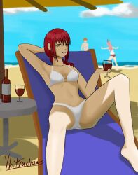 1girls beach bikini blurry_background chainsaw_man denji_(chainsaw_man) drinking makima_(chainsaw_man) power_(chainsaw_man) vhitradraws