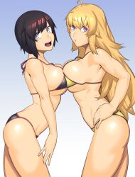 2girls :d ahoge alternate_breast_size bikini black_bikini black_hair blonde_hair breast_press breasts breasts_to_breasts docking dyun female female_focus female_only from_side full_color grey_eyes halterneck hand_on_hip hand_on_own_hip highres large_breasts long_hair looking_at_viewer looking_to_the_side micro_bikini multiple_girls open_mouth parted_lips purple_eyes rooster_teeth ruby_rose rwby seductive short_hair siblings side_view sideboob sister sister_(lore) sisters sisters_(lore) smile standing swimsuit symmetrical_docking teen teenage_girl teenager thighs wavy_hair yang_xiao_long yellow_bikini young