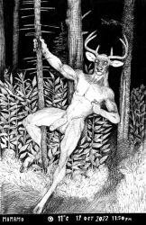 absurd_res anthro antlers balls camera_view cervid cervine digitigrade erection forest genitals hi_res horn humanoid_genitalia humanoid_penis male male_only mammal momamo night nipples nude outside penis plant public solo solo_focus traditional_media_(artwork) tree