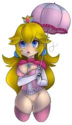 blonde_hair blue_eyes bottomless corset crown eyebrows_visible_through_hair eyelashes female large_breasts long_hair mario_(series) parted_lips princess_peach pussy rasenxoru solo super_smash_bros. thighhighs transparent_background umbrella