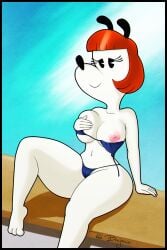 anthro arm_support bikini cameltoe canine disney erica_(mickey_mouse_shorts) female furry large_breasts mickey_mouse_shorts nipples one_breast_out red_hair redbenjamin short_hair sitting smile solo thick_thighs white_fur