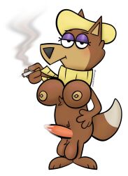 absurd_res annoyed anthro beret big_breasts big_penis breasts brown_body brown_fur canid canine canis cigarette clothed clothing cottoncandythot english_text eyelashes eyeshadow female female/female fur fur_tuft futa_only futanari genitals half-closed_eyes hanna-barbera hat headgear headwear hi_res intersex loopy_de_loop makeup mammal narrowed_eyes navel nipple_piercing nipples partially_clothed penis piercing pubes purple_eyeshadow red_penis sassy scarf smoking solo tan_body tan_fur text tuft unimpressed wolf