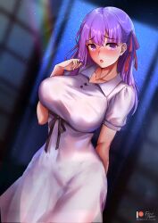 1girls :o big_breasts blush breasts bust-waist_contrast clothed collarbone dress dutch_angle edit embarrassed fate/stay_night fate_(series) female female_only foxy_rain_(foxyreine) foxyrain_(foxyreine) foxyreine hair_ribbon hand_behind_back inframammary_clothing_crease large_breasts light-skinned_female long_hair looking_at_viewer matou_sakura night open_mouth playing_with_hair purple_eyes purple_hair shy solo standing third-party_edit tight_clothing white_dress