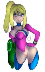 arm_cannon blonde_hair blue_eyes bottomless detached_sleeves female frown hand_on_hip large_breasts metroid nintendo ponytail rasenxoru samus_aran solo thighhighs transparent_background