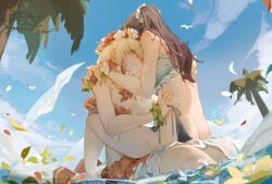 2girls beach blonde_hair blush brown_hair couple female female_only inoue_takina lycoris_recoil moyu1756 moyu_marginal nishikigi_chisato outdoors romantic undressing wholesome yuri