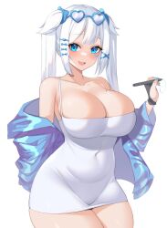 1girls blue_eyes breasts dress female hips huge_breasts kuavera light-skinned_female light_skin looking_at_viewer oc original_character simple_background smile thick_thighs thighs twintails white_dress white_hair wide_hips