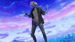 3d african african_male big_penis blonde_hair bytes_(fortnite) clouds cock dark-skinned_male dark_skin fortnite gay pants_open penis_out scoutfuntf2 sky sky_background