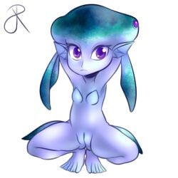 1girls armpits arms_up blue_skin female female_zora fish_girl frown head_fin ocarina_of_time princess_ruto princess_ruto_(young) purple_eyes pussy rasenxoru solo squatting the_legend_of_zelda transparent_background webbed_feet young zora