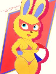 animal_crossing anthro beach_ball bikini blue_eyes bunny cameltoe erect_nipples erect_nipples_under_clothes eyelashes furry large_breasts mask mira_(animal_crossing) nintendo open_mouth rabbit redbenjamin wide_hips yellow_fur