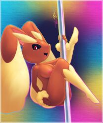 anthro anthrofied black_sclera bunny bunny_girl dancing female furry large_breasts lopunny open_mouth pokemon pokemon_(species) pokemon_dppt pole pole_dancer pole_dancing redbenjamin solo wrist_cuffs