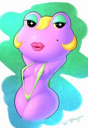 animal_crossing anthro blonde_hair cameltoe erect_nipples female frog gigi_(animal_crossing) large_breasts lipstick mole nintendo purple_skin redbenjamin scalie sling_bikini solo sparkling_eyes unique_style