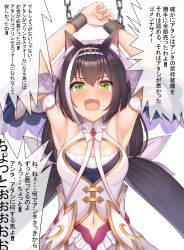 1girls absurd_res animal_ear_fluff animal_ears armpit armpits bangs black_hair blush breasts cat_ears chained chained_wrists chains chains cleavage dress exposed_armpits fangs green_eyes hair_between_eyes hair_ornament hairband highres japanese_text karyl_(princess_connect!) komainu_(yamaha1997) kyaru_(princess_connect) long_hair looking_at_viewer medium_breasts navel oerba_yun_fang open_mouth princess_connect! princess_connect!_re:dive simple_background skin_fang solo sweat sweatdrop sweaty_armpits tears upper_body white_background