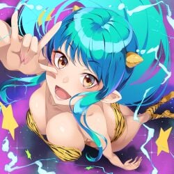 animal_print aqua_hair bikini blue_hair breasts brown_eyes cleavage female horns long_hair looking_at_viewer lum medium_breasts mukunokino_isshiki oni_horns open_mouth smile solo strapless strapless_bikini strapless_swimsuit swimsuit tagme teeth tiger_print urusei_yatsura