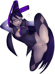 bayonetta bayonetta_(character) black_hair blue_eyes female glasses gun handgun large_breasts parted_lips pussy rasenxoru solo spread_legs thick_thighs transparent_background very_long_hair weapon